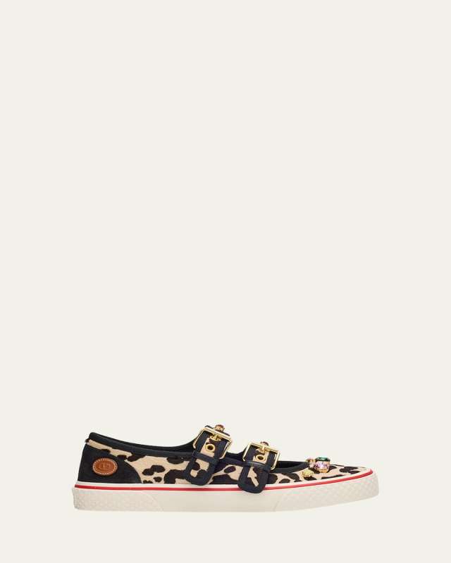Dollyboard Leopard Printed Calf Hair Double-Strap Sneakers